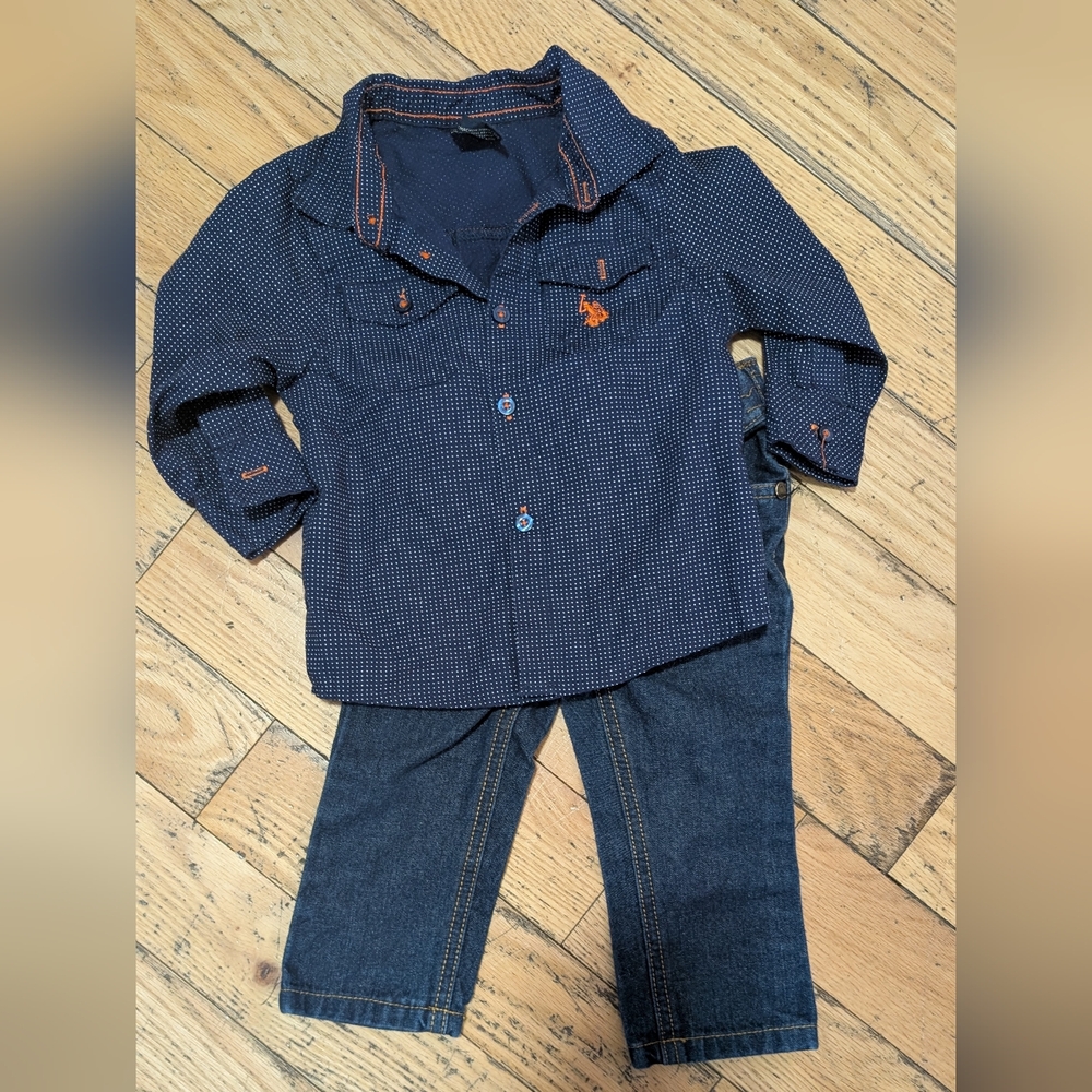 EUC Polo Button Up Shirt & Jeans Set 18M *R7